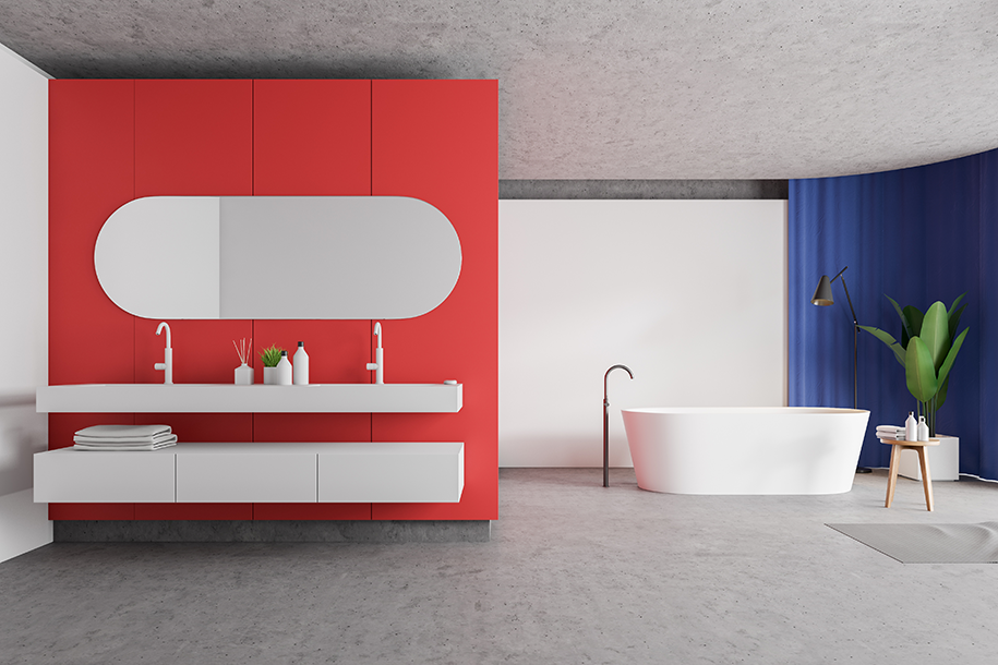 salle de bain rouge bleu